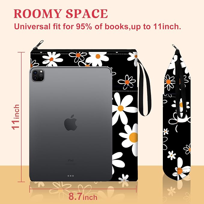 Slohif Book Sleeve Pouch Book Cover Protector with Zipper Cute Daisy Flower Book Beau Booksleeve Small Large Pouches for Paperback HardBook Cover Reading Accessories for Students Women Readers