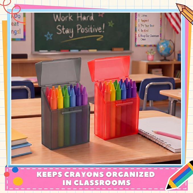 Clabby 4 Pcs Plastic Crayon Organizer Case for 24 Count Crayons Kids Art Supply Storage Box with Lid, Portable Holder for Classroom Home Travel, Fits Standard 24-Pack Crayon (Red,Dark Gray)
