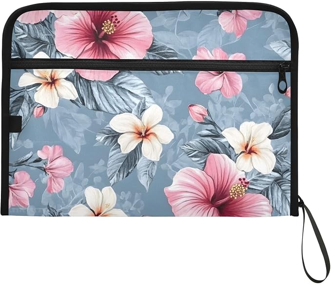 Expanding File Folder Pink Hibiscus Flower Accordion File Organizer 13 Pockets Document Organizer with Zipper Labels A4 Letter Office Storage
