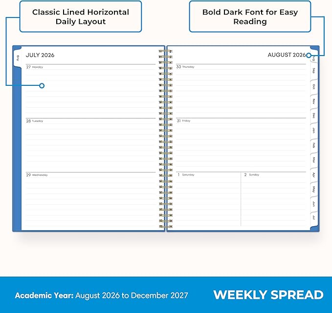 Blue Sky 17 Month 2026-2027 Weekly and Monthly Academic Year Planner Calendar, August 2026 - December 2027, 8.5" x 11", Flexible Cover, Wirebound, Laminated Tabs, Azure