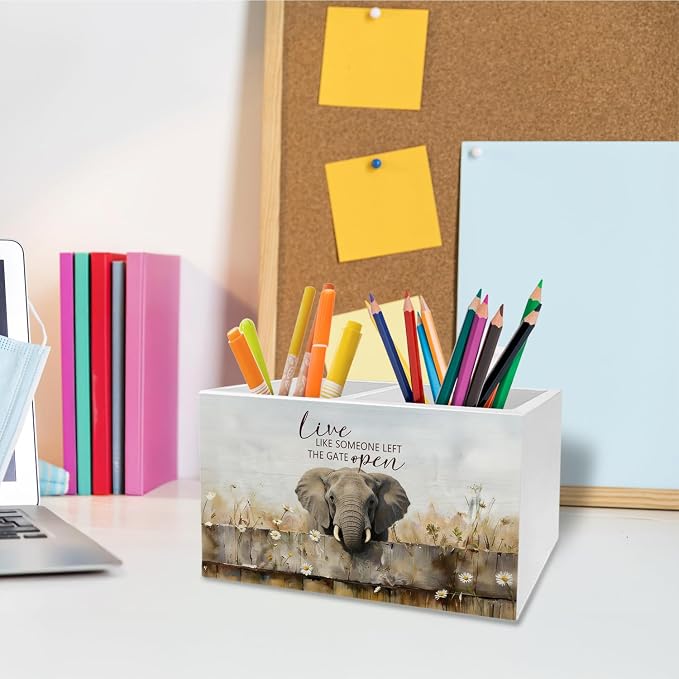 Rustic Elephant Pen Holder for Desk, Elephant Lover Gifts Pencil Organizer, Live Like Someone Left the Gate Wooden Box Sign Desk Decor for Farmhouse Home Office Decoration