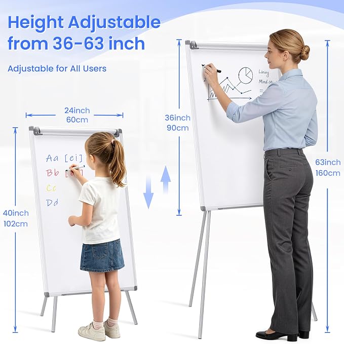 MAKELLO Flip Chart Easel, Magnetic Dry Erase Board with Stand for Office Classroom Home School, Extended Display Arms and Adjustable Height, 36x24 in