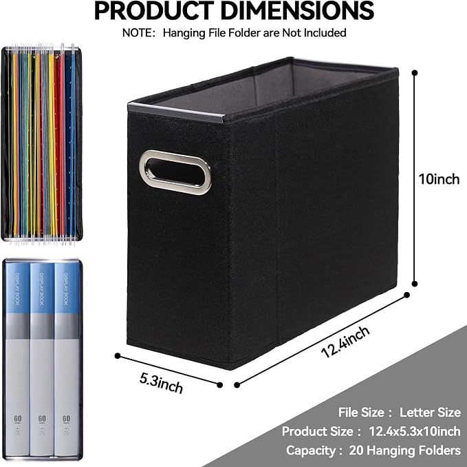4 Packs Letter Size File Organizer, File Folders Organizer, Fabric Storage Box, Collapsible Paper Organizer with Metal Handle, Smooth PVC Rails, Only Box (Black)
