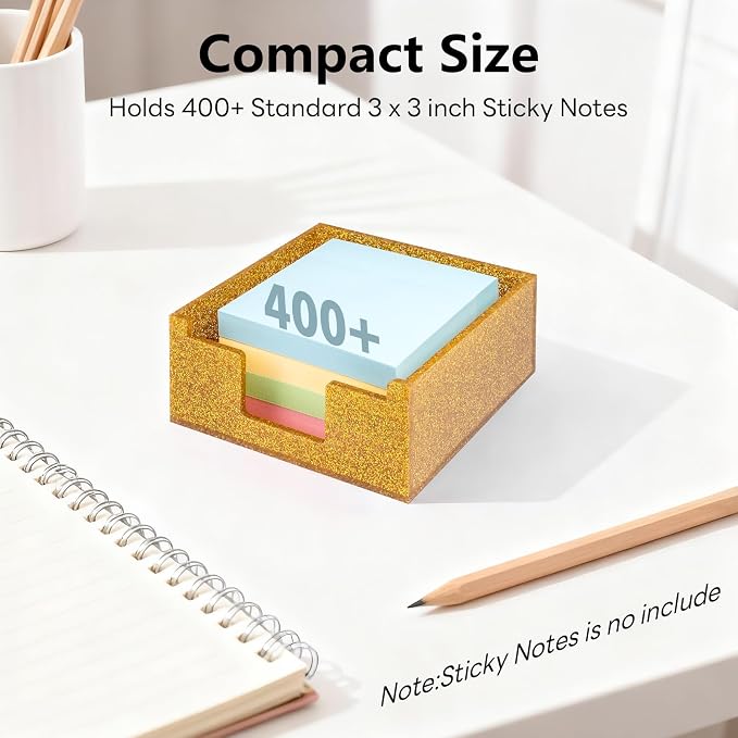 Gold Sparkling Sticky Note Holder, Glitter Acrylic Organizer, 3.94 x 3.94 in Multi-Use Tray for Office, School & Home Desk