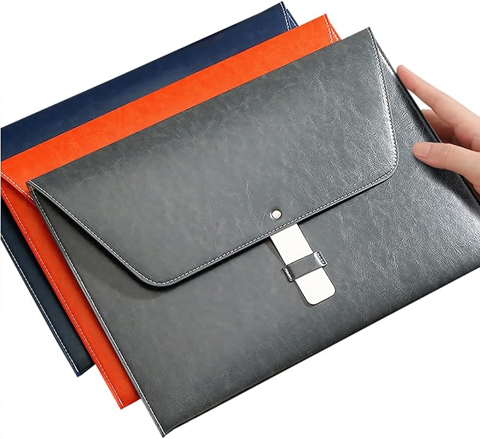 PU Leather A4 File Folder Large Document Holder Waterproof Envelope Folder Case with Handmade Closure (Blue)