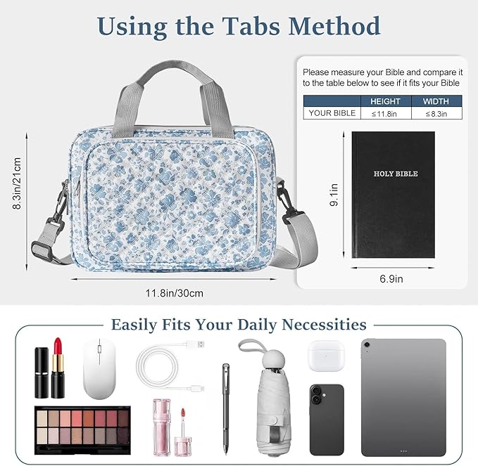 Play Tailor Bible Cover Case for Women Large Bible Bag Carrying Case Study Supplies Accessories with Tabs, Highlighters and Adjustable Shoulder Belt for Girls, Blue