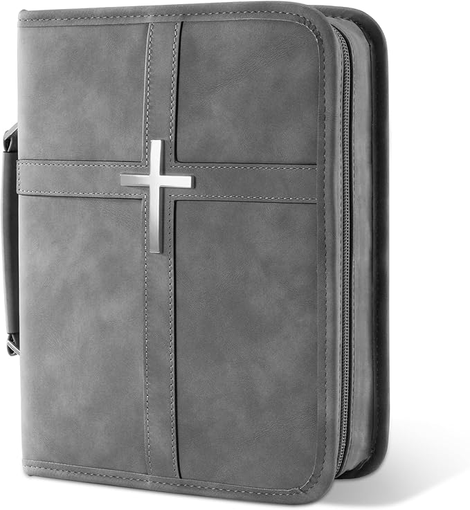 Bible Cover for Men and Women, PU Leather Large Bible Bag with Handle & Shoulder Strap, Bible Carrying Case with Cross Design and Pockets for Church, Bible Study & Christian Gifts, Black