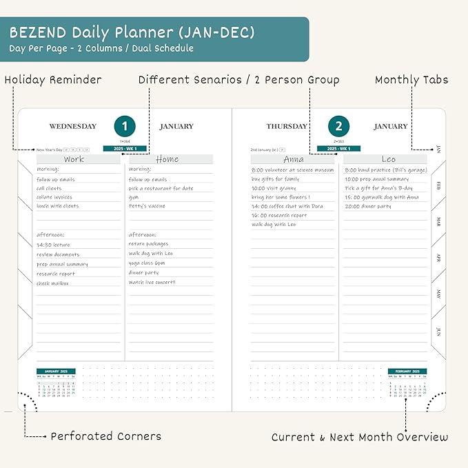 BEZEND Daily Planner 2026 (6" x 8.5") Full Page per Day Even Weekend (Jan-Dec) Monthly Calendar with Tabs, 2 Columns for Dual Schedule with Note, Vegan Leather Hardcover in Evergreen
