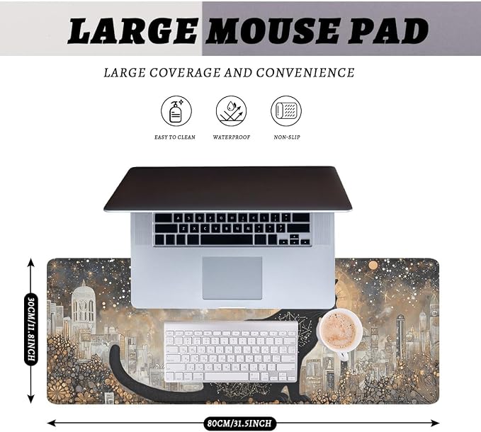 Galaxy Cat Desk Mat Gaming Mouse Pad Mystic Night Celestial Art Extended Gaming Mousepad Mat with Stitched Edge Non-Slip Base Big Mousepad Office Home Decor for Women Girl 31.5"x11.8"