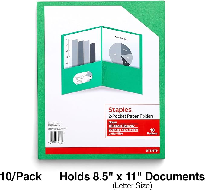 Staples 10% Recycled Smooth 2‑Pocket Paper Presentation Folders with Fasteners, Letter Size Project Folders for Office & School, Green, 10‑Pack