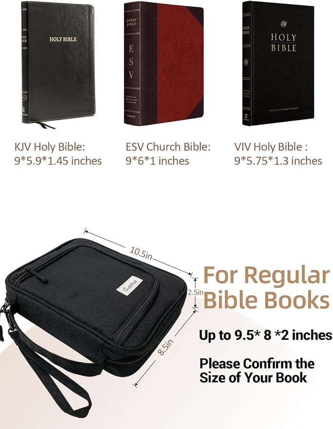 Black Bible Cover Case for Men,Church Study Book Bible Bag, Bible Carrying Bag with Pockets for Bible Accessories, Bible Case with Zipper Christian Gifts fits Bible Size Up to 9.5"x8"x2"