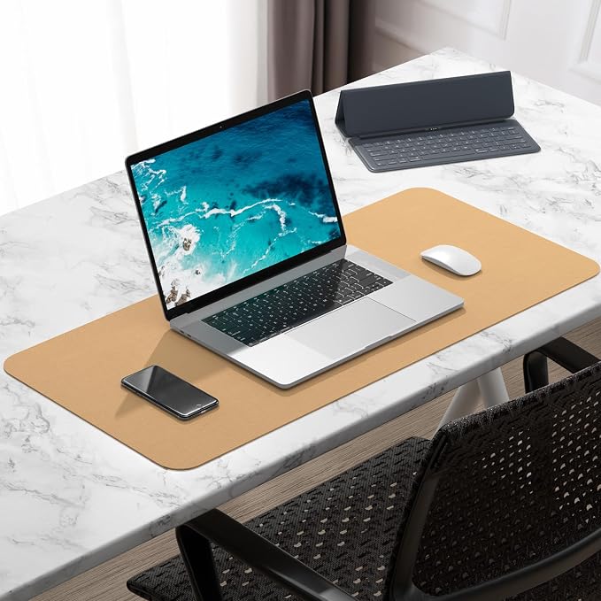 Hsurbtra Desk Pad, 30" x 14" PU Leather Desk Mat, XL Extended Mouse Pad, Waterproof Desktop Blotter Protector, Non-Slip Ultra Thin Large Laptop Keyboard Writing Mat for Office Home, Earth Yellow