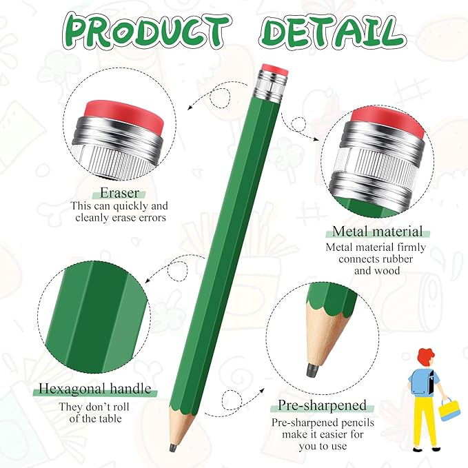 16 Inch Wooden Large Jumbo Pencils Giant Big Funny Wood Pencil with Cap and Eraser Fun Novelty Gifts for Kids School Kindergarten Home Office Prop Supplies(Green)