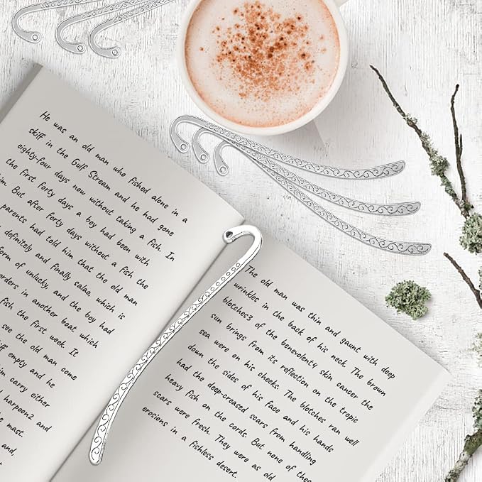 20 Pack Metal Bookmark Hairpin Hook, Antique Vintage Carved Embossed Bookmarks with Loop, DIY Jewelry Making Charms for Beading & Tassels, Silver