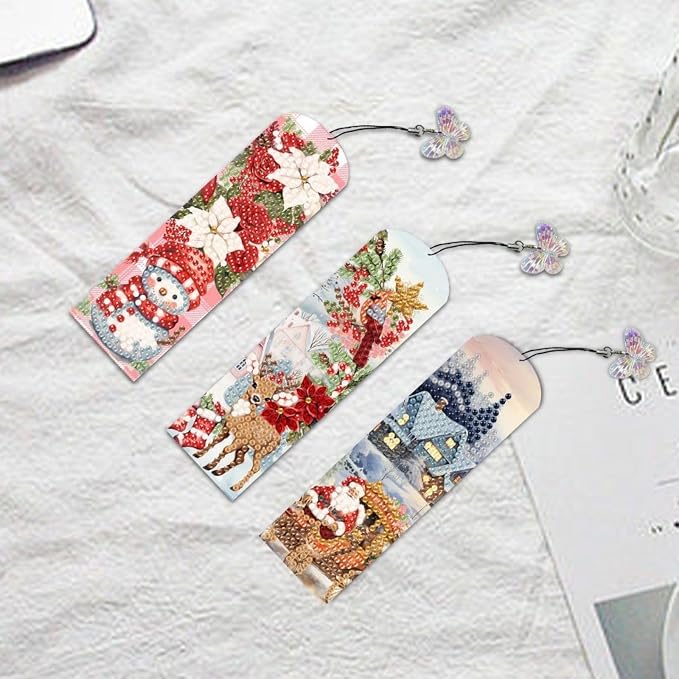 ARTopet 3Pcs DIY Diamond Art Painting Bookmarks with Colorful Butterfly Pendant PET Bookmark Ornament Double Sided Pattern Single Sided Diamond Book Marker Clip Gifts Tags-Christmas02
