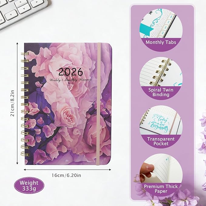 2026 Planner, Weekly and Monthly Calendar Planner for Women, Jan 2026 - Dec 2026, Hardcover Planning Agenda book with Tabs, Spiral Bound, Inner Pocket, Perfect for School Office Supplies, 8.4" x 6.3" (Purple)
