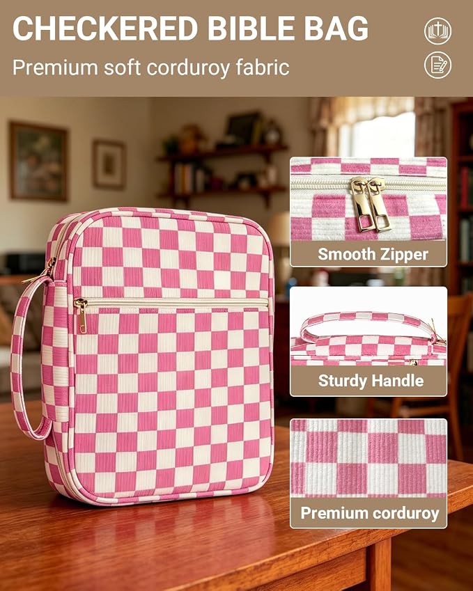 Bible Cover case for Women,Large Bible Bag,Bible Study Supplies,Checkered Corduroy Bible Case for Girls,Christian Gifts for Women,Mother's Day(Pink Large)