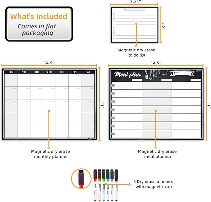 JJPRO Magnetic Monthly Calendar and Meal Planning Board Set for Fridge-Dry Erase Monthly Calendar for Refrigerator, Menu Whiteboard -Bonus to-do Notepad