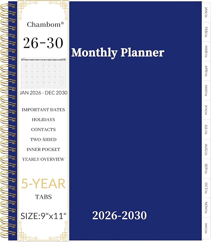2026-2030 Monthly Planner 5 Year Monthly Planner/Calendar 2026-2030, Jan 2026 – Dec 2030, 9" x 11", Tabs, Double-Side Pocket, Holidays, Thick Paper - Navy Blue