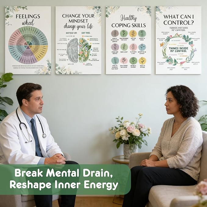 12 Pcs Mental Health Growth Mindset Change Posters Set (11x17") - Safe Space Feelings Wheel Coping Skill Poster for Therapy Counseling Office School Home Wall Decor Counselor Therapist Gifts