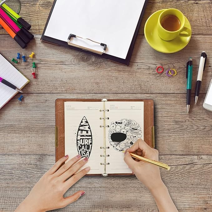 WONDERPOOL Leather Journal A6 Refillable 6 Ring Binder Notebook with Lined Paper and Pen,Writing Diary for Work Travel and Agenda Plan (a-Maroonpink)