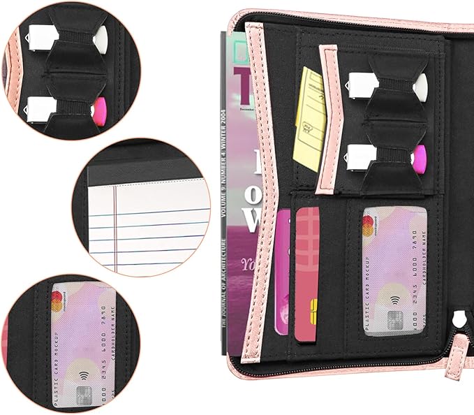 Junior Padfolio/Resume Portfolio Binder with Refillable Lined Notepad, A5 Padfolio Folder, Business Portfolio, Multi-Function Case, A5 Writing Pad Included, Pink.