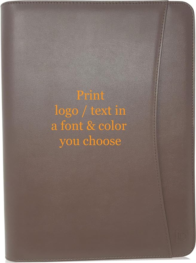 Customized Leather Portfolio Padfolio - Name/Logo Printed on Dark Brown Personalized Faux Leather Business Portfolio Binder & Organizer Folder with 10.5 Inch Tablet Sleeve