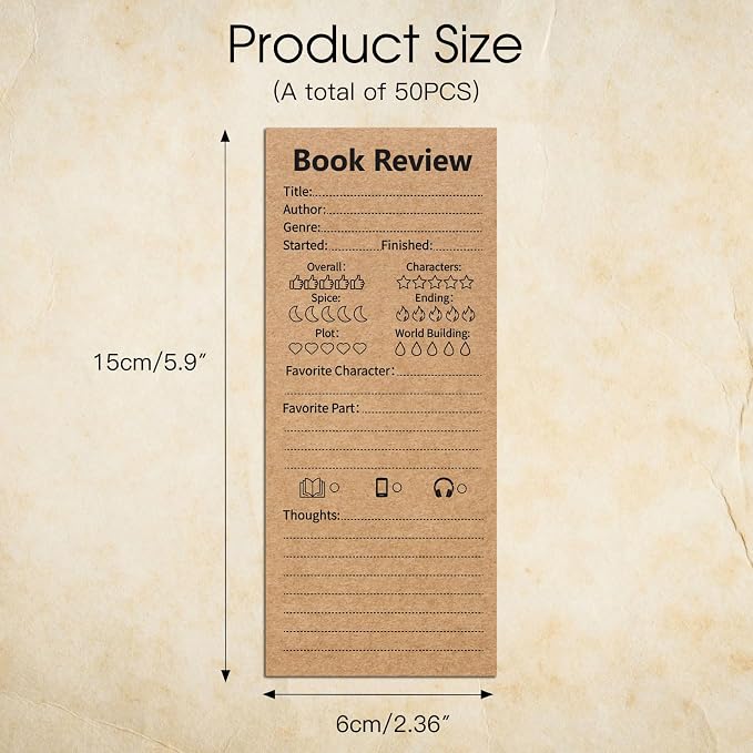 50 Pack Vintage Book Review Bookmarks for Book Lovers,Kraft Paper Cardboard Tracker Cards for Reading Journals,Brown(2.4"x5.9")