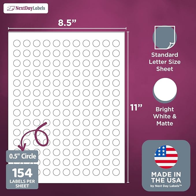 NextDayLabels 0.5 Inch Round Circle Stickers White Blank Labels for Laser Inkjet Printer - 154 Per Sheet Self-Adhesive Color Coding Made in USA - 3850 Labels