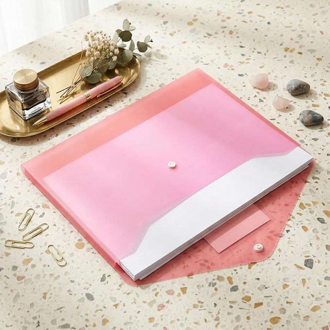 48pcs Plastic Envelopes Poly Envelopes Clear Envelope with Snap Button Closure A4 Letter Size Plastic Envelope Folder with Label Pocket for School Office Home Organizer Supplies, 8 Colors