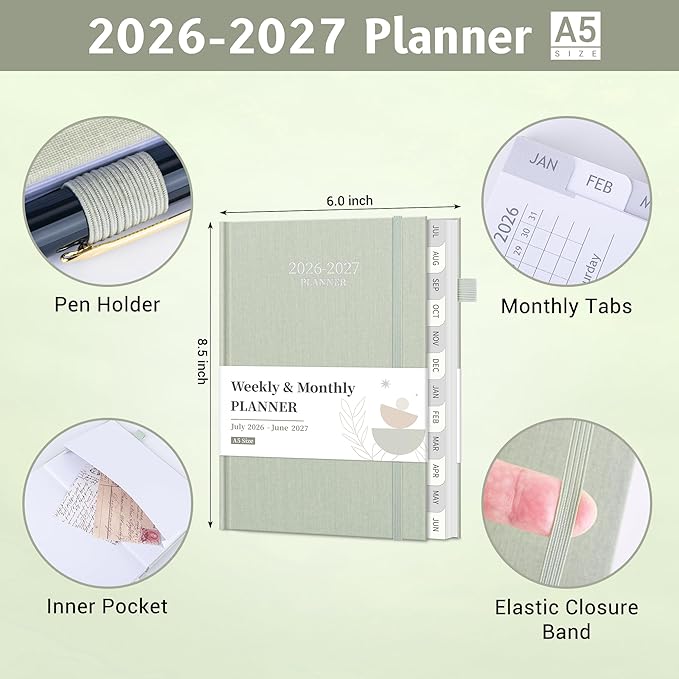 2026-2027 Planner, Weekly and Monthly Calendar Planner from July 2026 - June 2027, 6"×8.5" Linen Hardcover Agenda Book with Tabs, Pen Holder, Inner Pocket for Office School, Sage Green