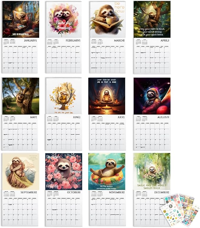 Sloth Calendar 2026, Large 12 x 12 inch Wall Calendar, Mindfulness Wall Calendar, Inspirational Sloth Gift