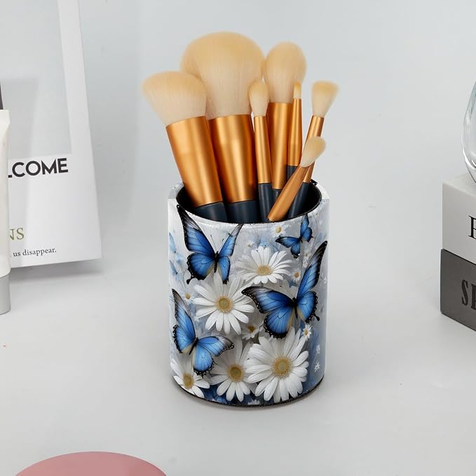 Butterflies and Daisies Leather Pen Holder for Desk, Multifunctional Desktop Organizer Pencil Cup, Desktop Caddy Stationery Organizer for School Home Office Desk Accessories