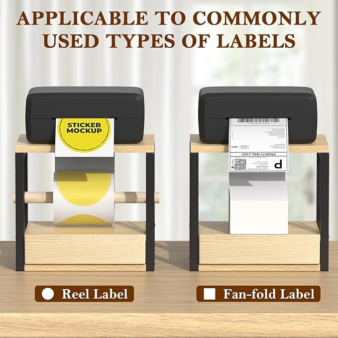 Label Roll Holder & FanFold Labels with Drawer, Wooden Label Holder for Thermal Printer Stand, Thermal Label Holder for Desktop Label Printer, Sticker Roll Holder for Home, Office, Work