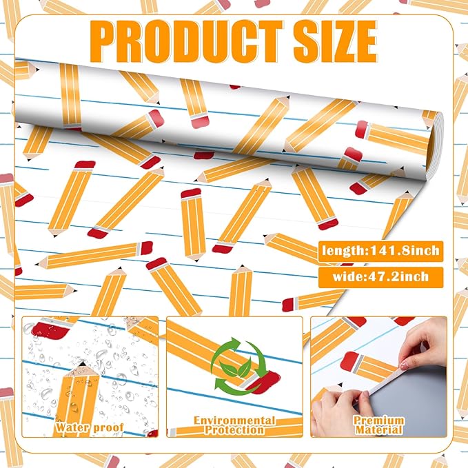 Ctosree 2 Roll Lined Pencils Bulletin Board Paper 4x12ft/1.2x3.6m Non Woven Bulletin Background Wallpaper Fade Resistant Board Roll Decoration for Arts Crafts Office School Classroom(White Yellow)