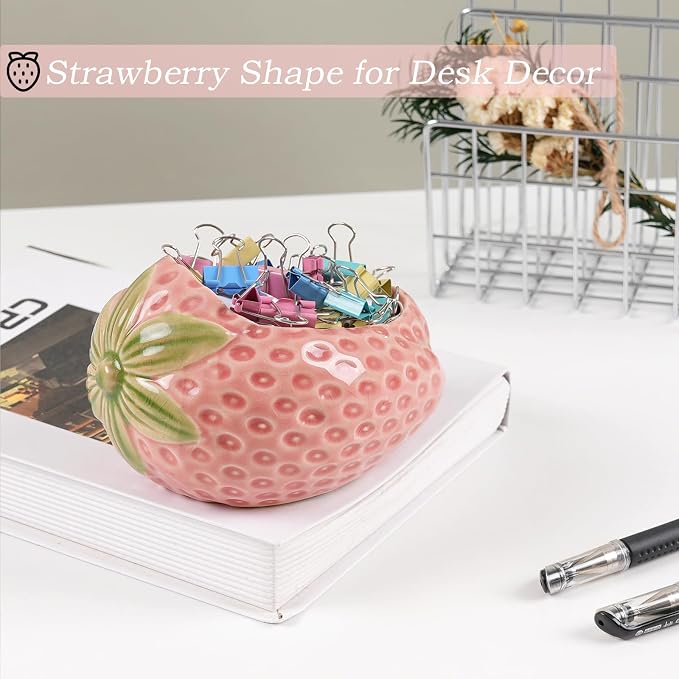 Ceramic Paper Clip Holder, Strawberry-Shaped Binder Clip Box Cute Office Decor Supplies for Desk Organizer (Strawberry Pink)
