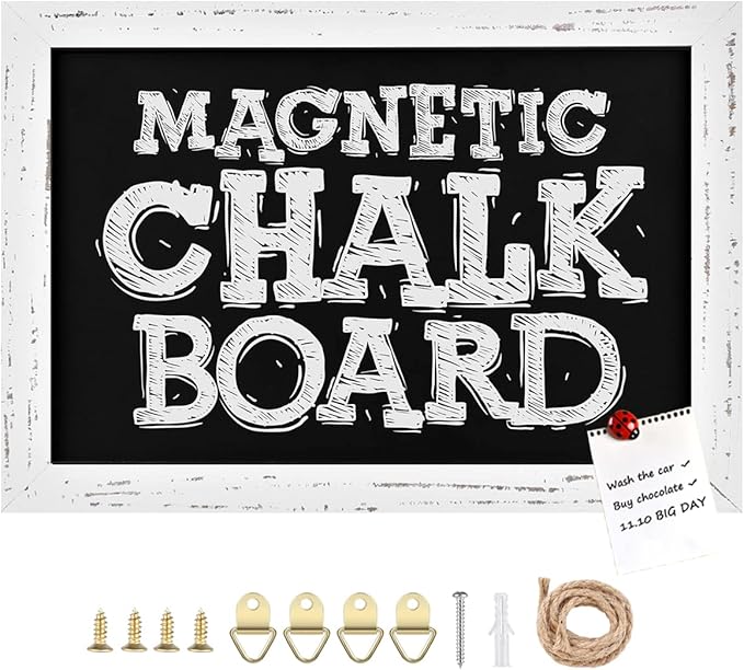 TORASO Chalkboard, White Wood Frame Magnetic Surface Chalkboard Sign, Rusitc White Framed Chalk Board for Wedding, Kitchen, Bar, Restaurant, Menu & Home Decor,8.7" x 12.6"(WH-2232)
