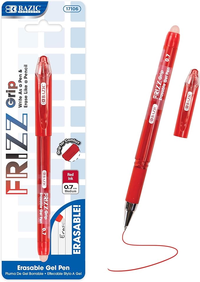 BAZIC PRODUCTS Frizz Erasable Gel Pens, 0.7mm Medium Point, Red Ink, Comfort Grip for Smooth Writing Drawing Planner, 144-Pack
