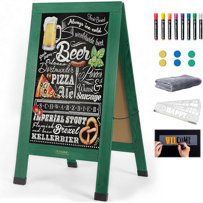 Wood Magnetic A-Frame Chalkboard Signs, 40" x 20" Large Sandwich Board Signs Outdoor, Double-Sided Sidewalk Blackboard for Business, Wedding, Vendor Display, Coffee Shope - Green