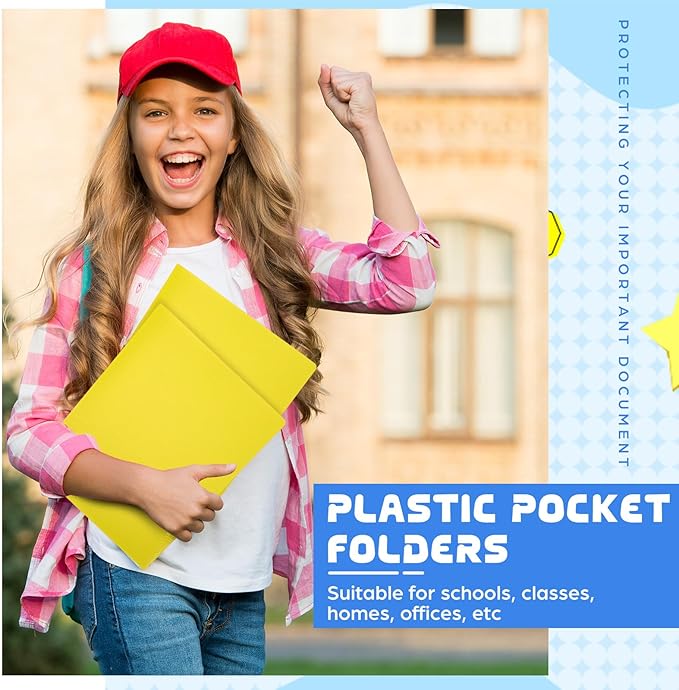 24 Pcs Yellow Heavy Duty Plastic Folders 2 Pocket File Folder Fit Letter Size for Home Office School Communication Presentation Report Sheet Protectors (Yellow)