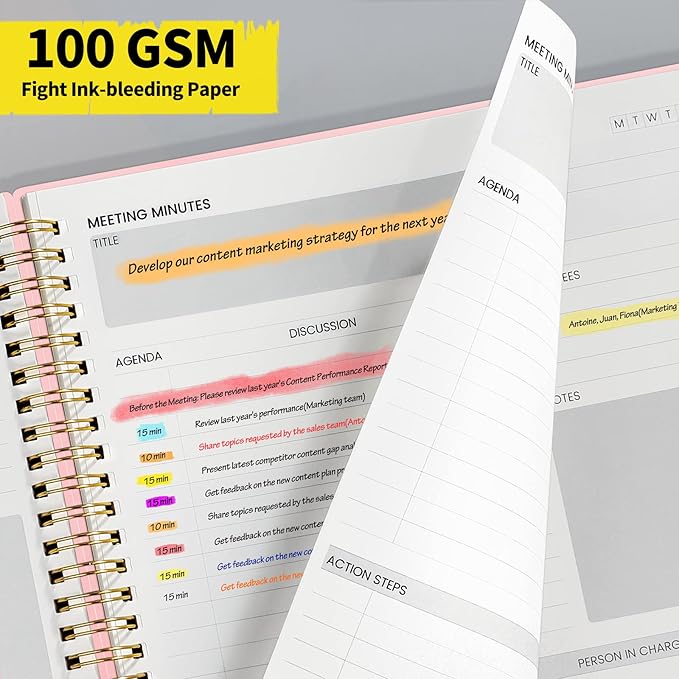 SUNEE Meeting Notebook for Work with Sticky Tabs - 160 Pages, A4 Size Project Planner, Spiral Meeting Agenda/Minutes Notebook Organizer for Women Men, Note Taking, Office & Business, 8.5"x11", Pink