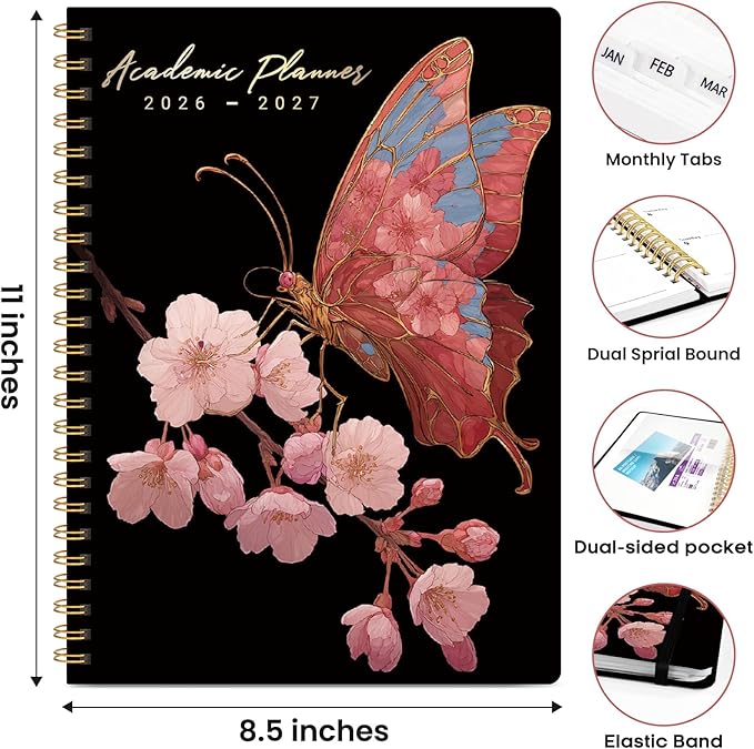 Academic Planner 2026-2027, Weekly and Monthly Calendar Book, July 2026 – June 2027, Hardcover Planner with Tabs, Perfect for Teachers, Students, Women & Men, A4 (8.5" x 11") - Blossom Flight