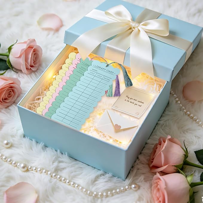 50 PCS Reading List Bookmarks Book Tracker with 50 Bookmark Tassels, 3 x 8 Inch Watercolor Library Card Reading Log Bookmark for Teachers Women Book Lovers