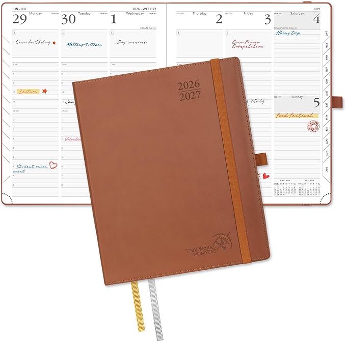 POPRUN Planner 2026-2027, Large-8.5" x 10.5", Academic Planner 2026-2027 Weekly and Monthly (July 26-June 27) Hourly Appointment Book with Inner Pockets, Leather Soft Cover, 100GSM - Brown