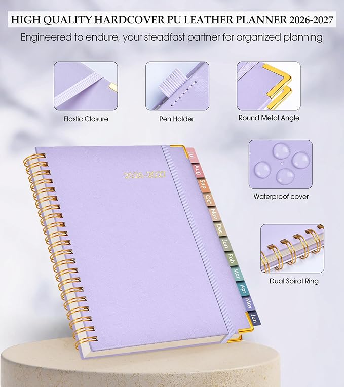 Academic Planner 2026-2027, Hardcover Leather Weekly and Monthly Calendar Planner from July 2026 - June 2027, A4 8.5" x 11" Daily Agenda with Tabs, College School Organizer for Student Teacher, Purple