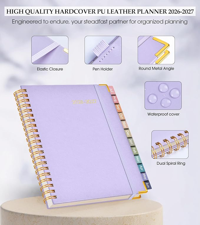 Academic Planner 2026-2027, Hardcover Leather Weekly and Monthly Calendar Planner from July 2026 - June 2027, A4 8.5" x 11" Daily Agenda with Tabs, College School Organizer for Student Teacher, Purple