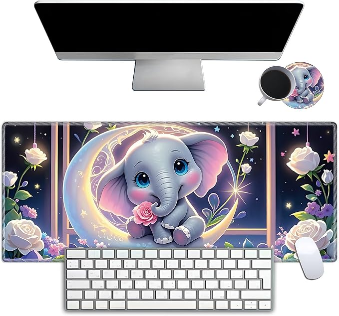 Mouse Pad Gaming Mousepad 31.5x11.8 Inch XXL Large + Coasters,Desk Mat with Stitched Edges, Non-Slip Rubber Base, Thick Mouse Pad for Computer, Laptop, Office & Home - Cute Elephant Moon