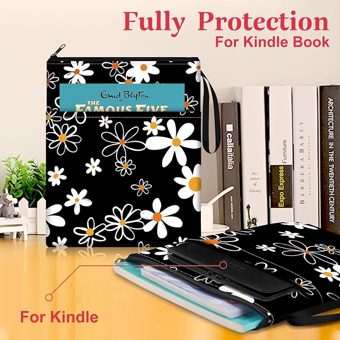 Slohif Book Sleeve Pouch Book Cover Protector with Zipper Cute Daisy Flower Book Beau Booksleeve Small Large Pouches for Paperback HardBook Cover Reading Accessories for Students Women Readers