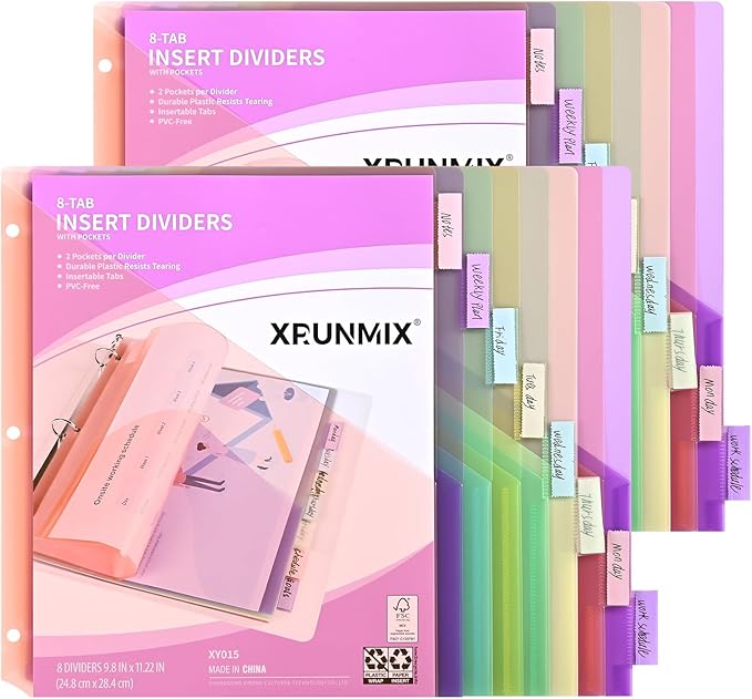 8-Tab Binder Dividers with 2 Pockets, Index Pockets for 3 Ring Binders, 8 Pastel Colors, US Letter Size (2 Packs - 16 Counts)