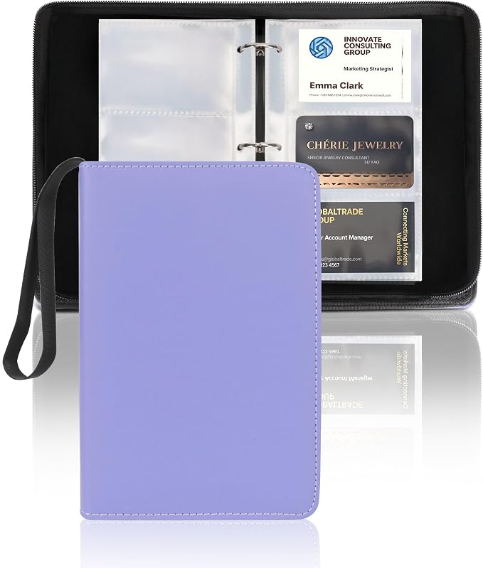 Leather Business Card Book Holder Organizer, Professional Name Card Book Holder with 300 Card Capacity, Portable PU Credit Card Binder File Sleeve Storage for Men Women,50 Pack Sleeves Zipper Closure